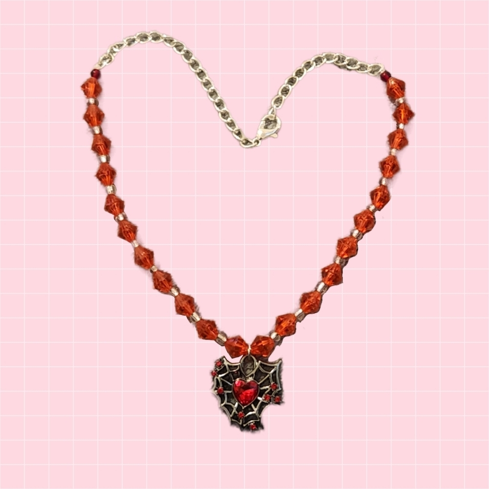 Red Beaded Spider Web Heart Necklace